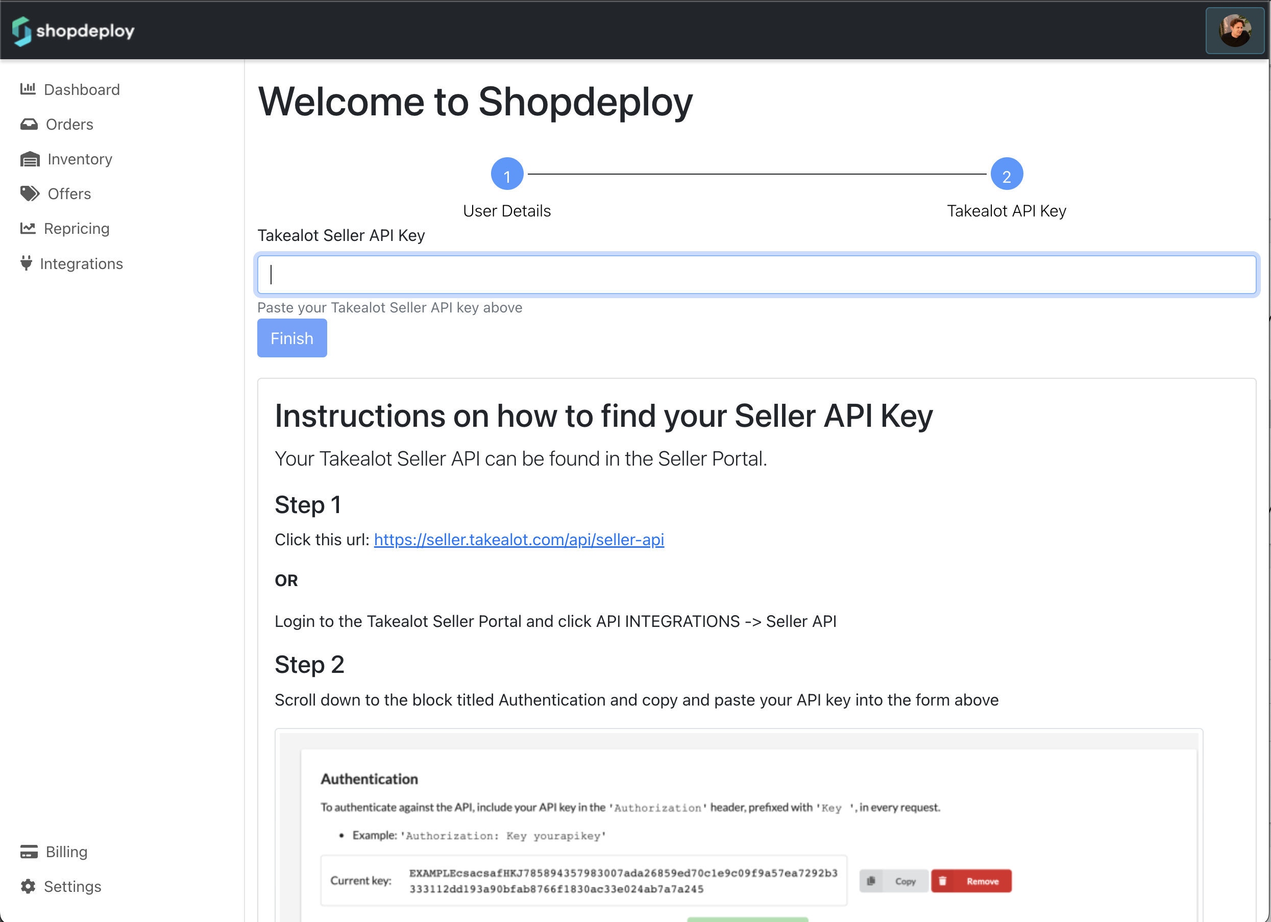 Shopdeploy API Key Entry